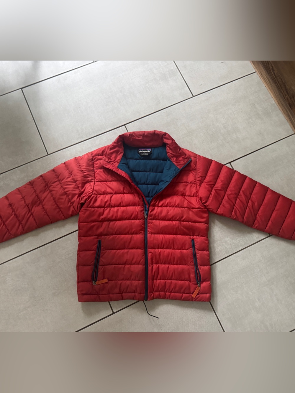 Patagonia Orange Light Puffer Jacket with Blue Lining